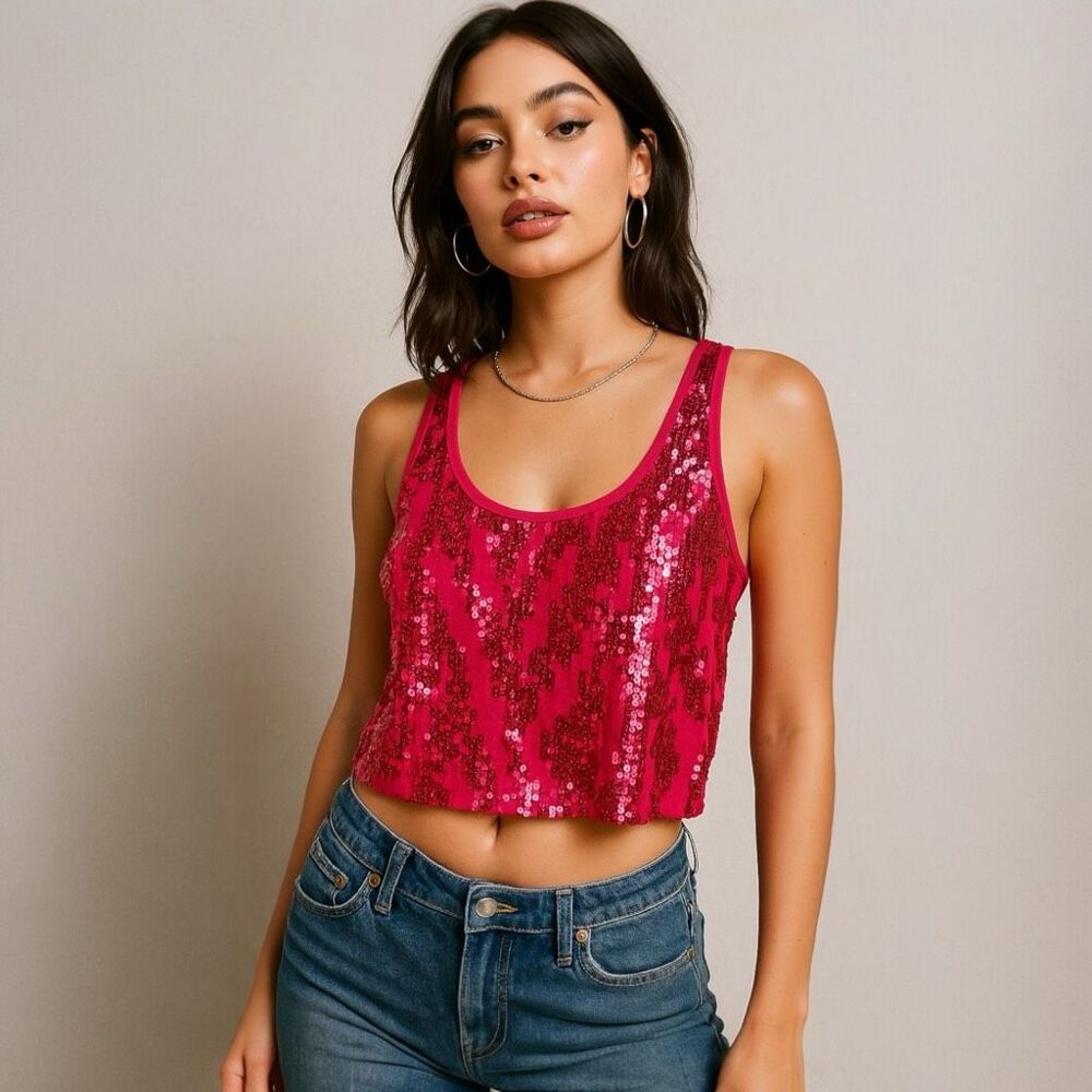 New VTG Nollie Womens Y2K Sequin Cropped Tank Size‎ M Pink NYE Festive Bright